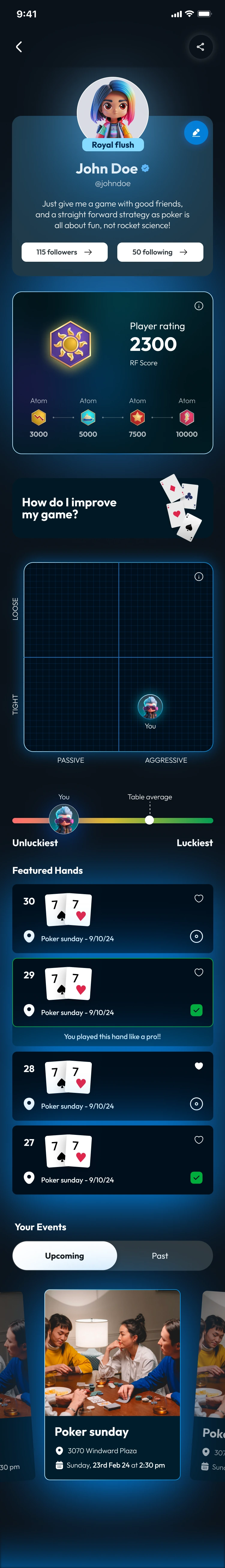 RF Mobile player profile with a score, playing style, favorite hands, and upcoming events