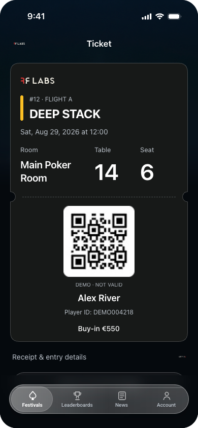 RF Mobile event ticket with a QR code, room, table and seat details
